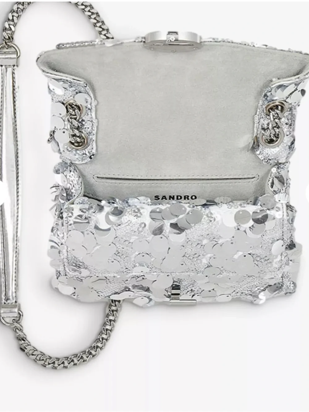 SANDRO Silver Sequin Chain Shoulderw Bag - Elegant Evening Crossbody